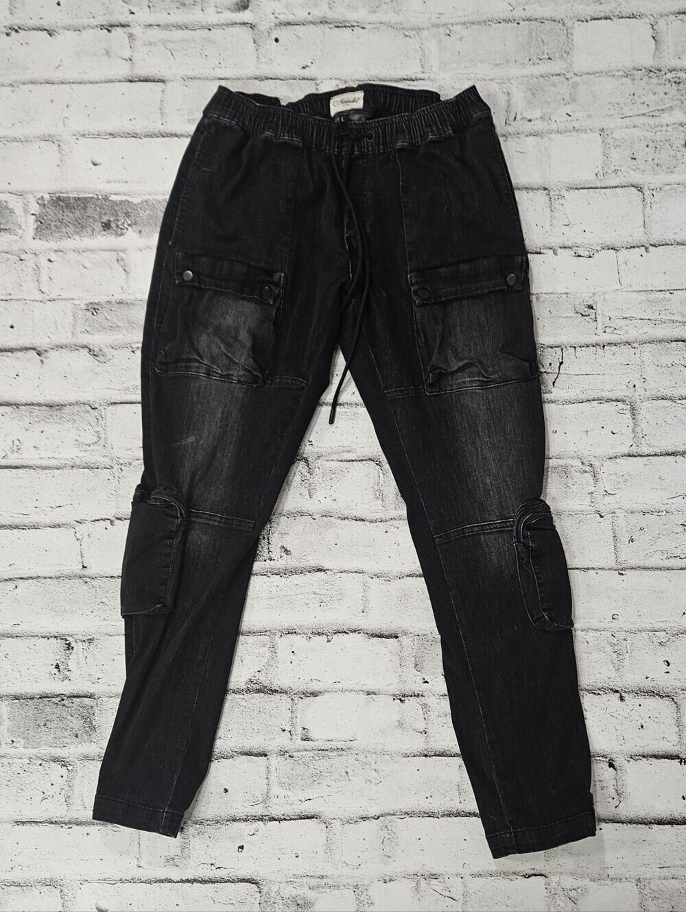 Kuwalla Mens Black Denim Cargo Jogger Pants Y2K Utility Techwear Large
